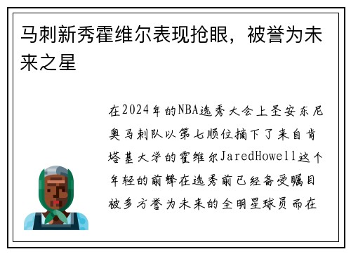 马刺新秀霍维尔表现抢眼，被誉为未来之星