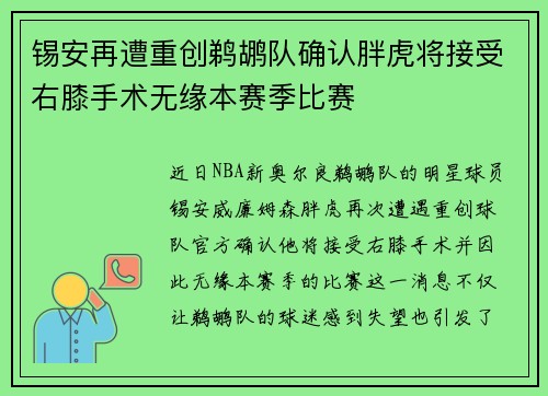 锡安再遭重创鹈鹕队确认胖虎将接受右膝手术无缘本赛季比赛