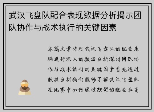 武汉飞盘队配合表现数据分析揭示团队协作与战术执行的关键因素